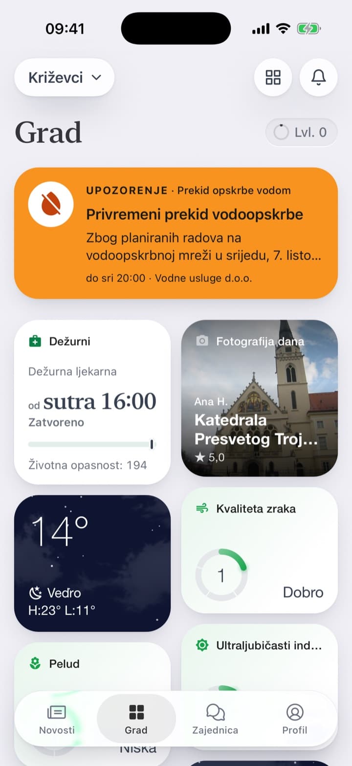 Upozorenje na vrhu početnog zaslona. Na stranici usluge upozorenja koja trenutačno vrijede.
