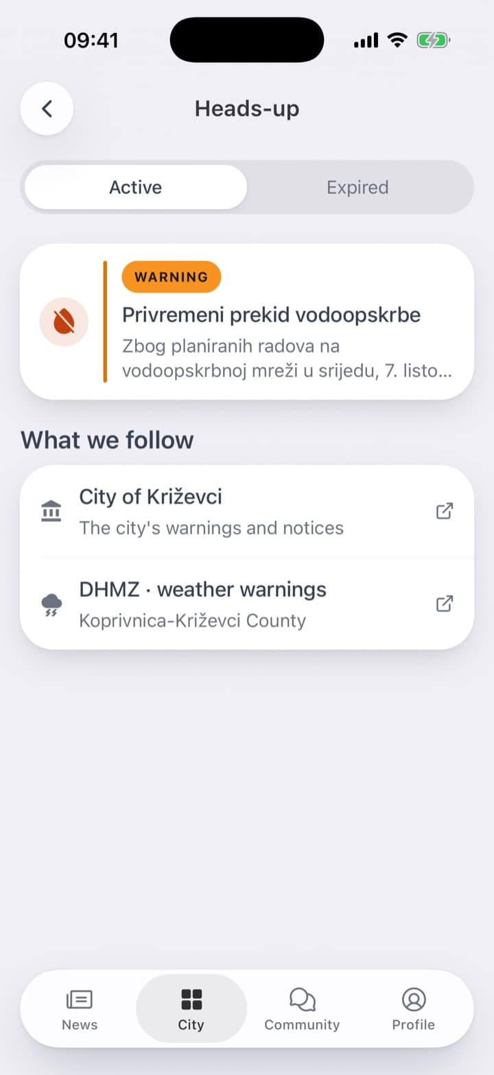 A warning at the top of the home screen. On the service's page, the warnings in force.