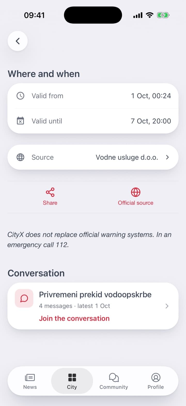 The lower part of a warning: until when it applies, a button to share it, and the conversation.