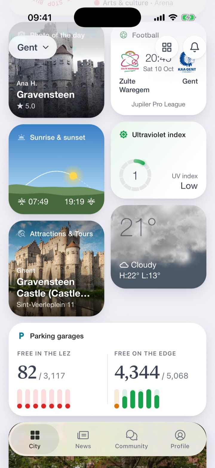 On the home screen, the city's best-known sight with its photo and address. The list in the city, the most visited places first, each with a photo, the kind of place and its rating.