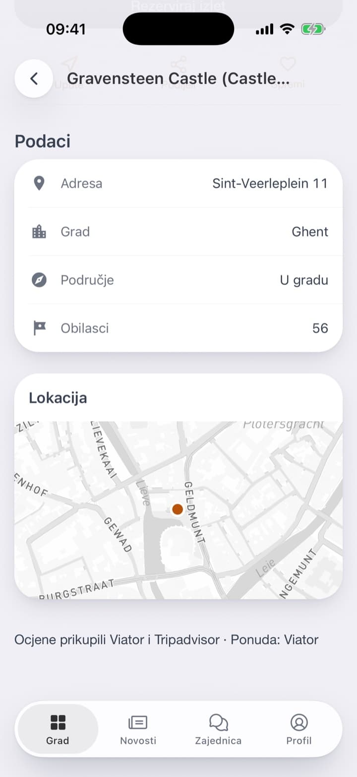 Stranica znamenitosti: fotografija, adresa, ocjena, gumb za rezervaciju izleta, upute, dijeljenje i spremanje. Niže područje, broj izleta i karta.
