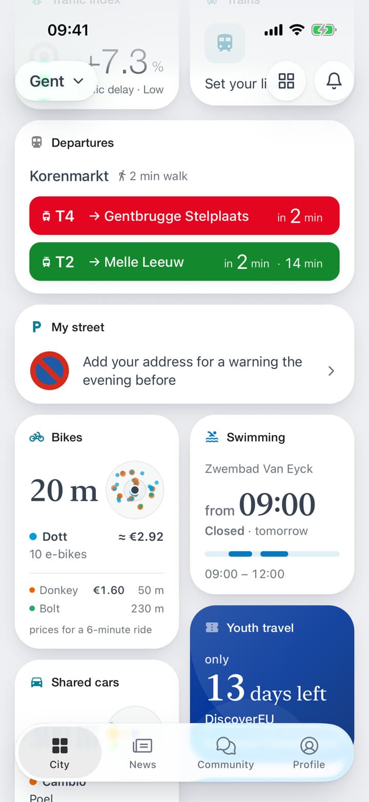 The tile shows the nearest bike, the nearest of every other operator, and prices for a 6-minute ride. The map shows every operator's bikes; a card says what stands there and opens the operator's app.
