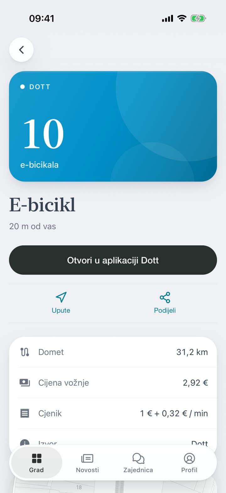 Popis, najbliže ili najjeftinije, po vremenu hoda. Stranica bicikla navodi domet, cijenu vožnje i tarifu operatera te otvara aplikaciju tog operatera.
