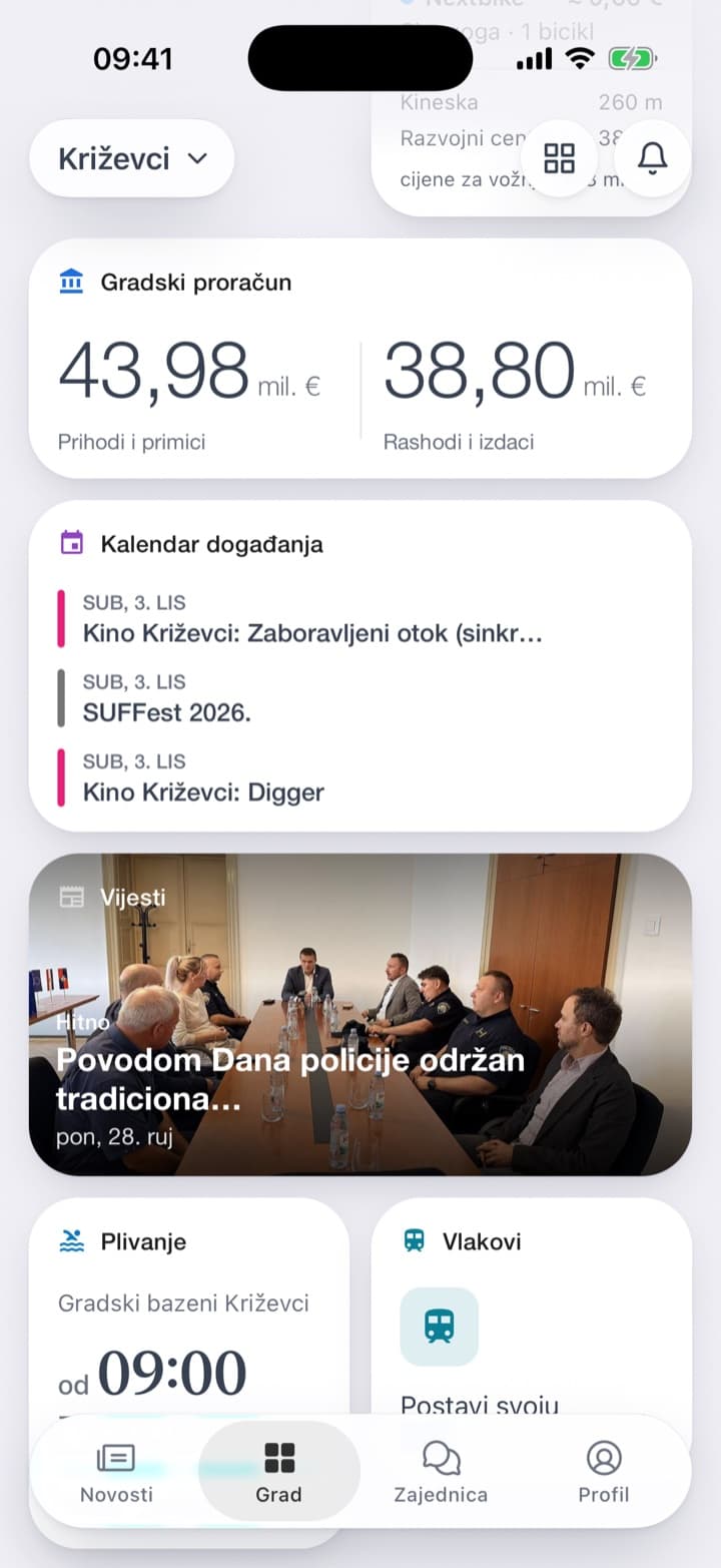Sljedeća događanja na početnom zaslonu. Kalendar s plakatima i trakom tjedna. Današnja događanja, svako s vremenom i mjestom.