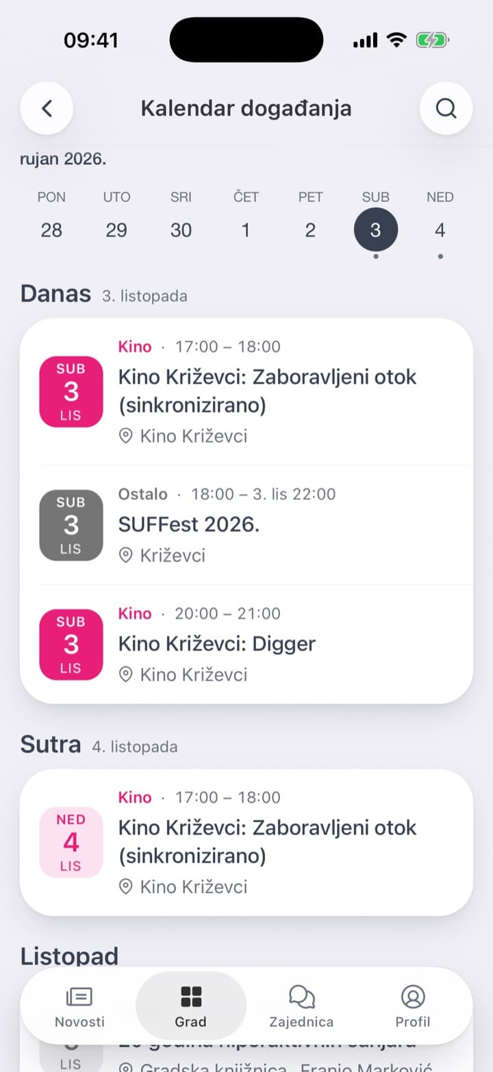 Sljedeća događanja na početnom zaslonu. Kalendar s plakatima i trakom tjedna. Današnja događanja, svako s vremenom i mjestom.