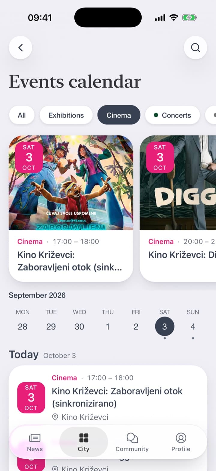 Only the cinema. An event's page: the poster, the time, the venue, the organiser and a few lines about the event.