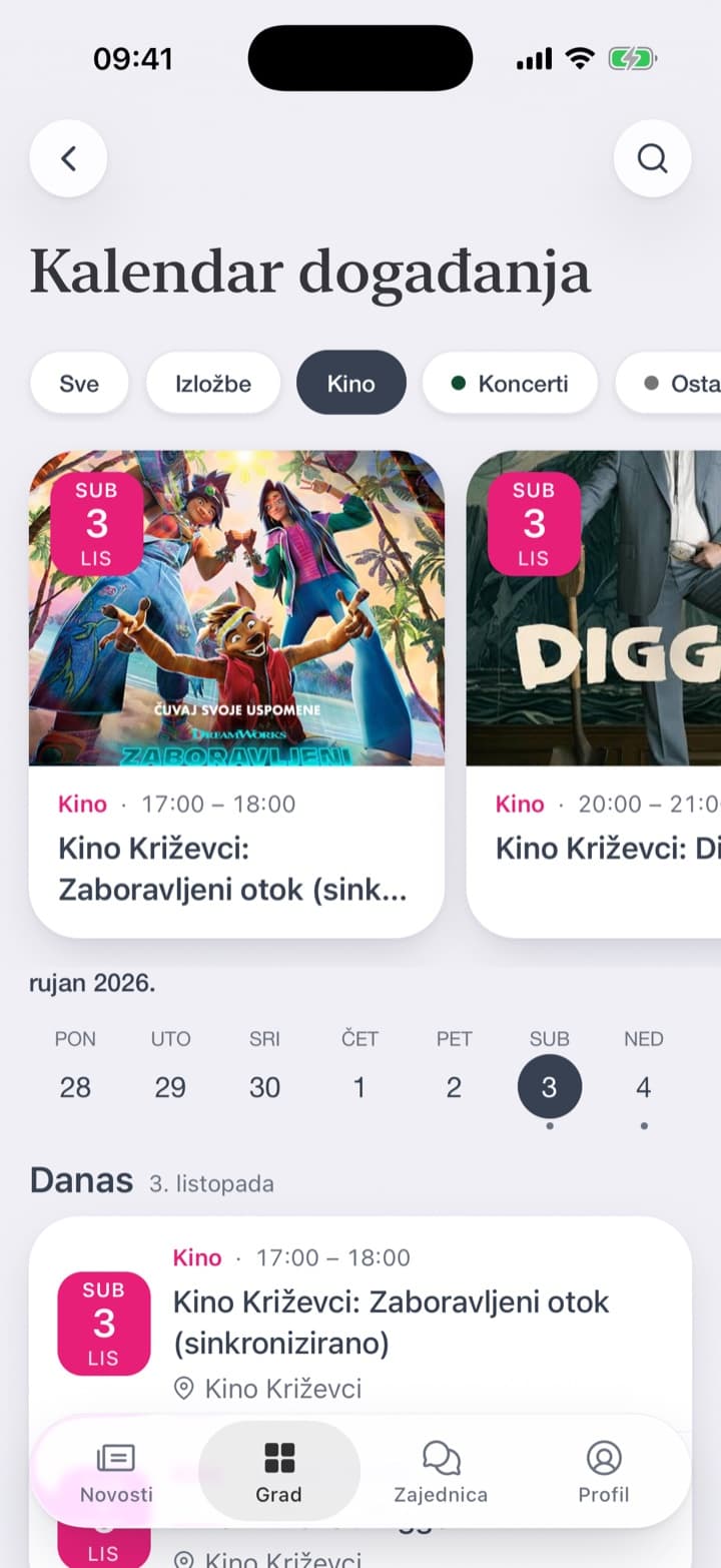 Samo kino. Stranica događanja: plakat, vrijeme, mjesto, organizator i nekoliko redaka o događanju.