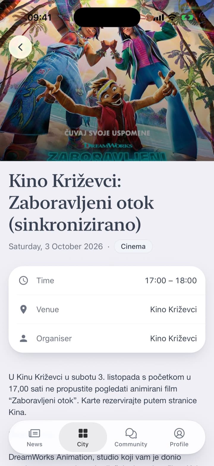 Only the cinema. An event's page: the poster, the time, the venue, the organiser and a few lines about the event.