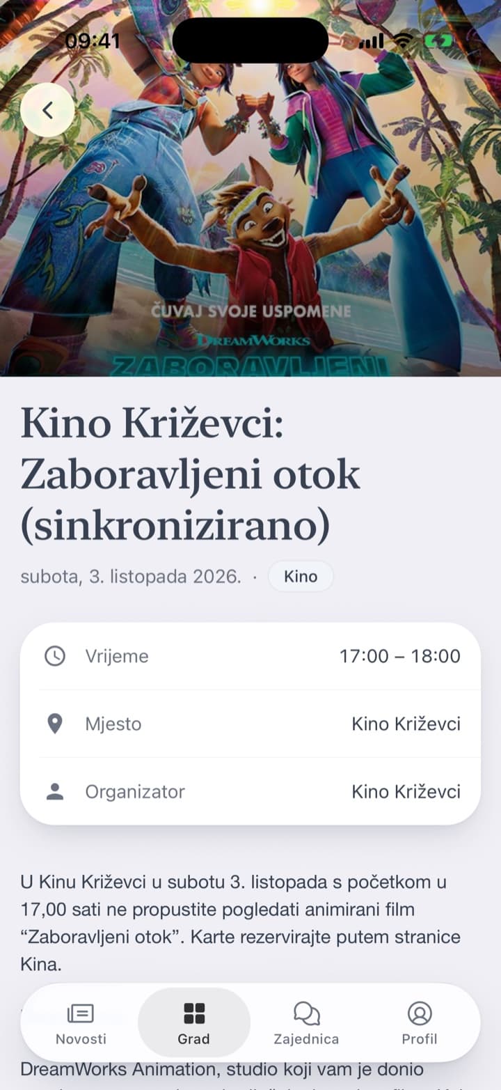 Samo kino. Stranica događanja: plakat, vrijeme, mjesto, organizator i nekoliko redaka o događanju.
