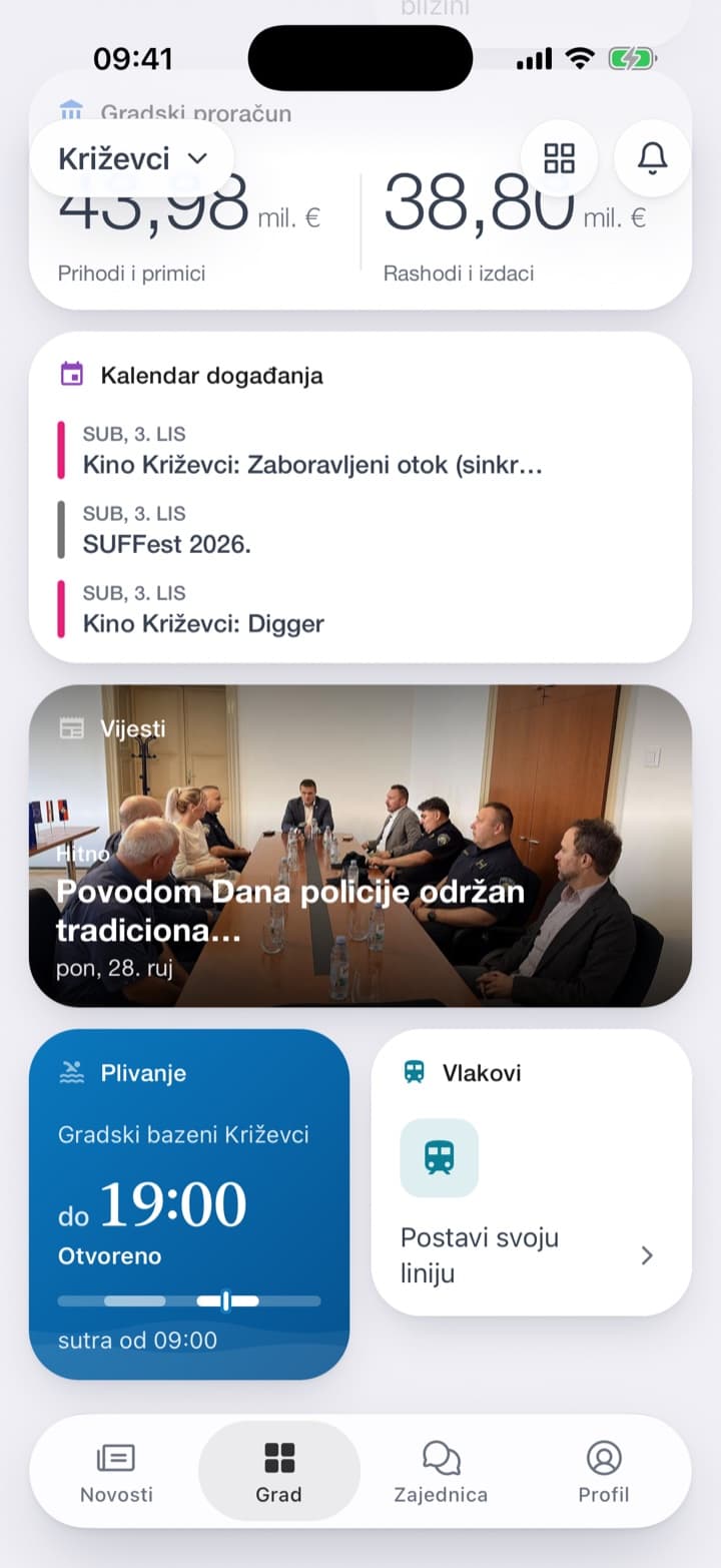 Na početnom zaslonu pločica Vijesti s oznakom Hitno i najnovijom vijesti. Na popisu hitna obavijest na vrhu, crvena, do 14. 10., a ispod nje glavna vijest s fotografijom.