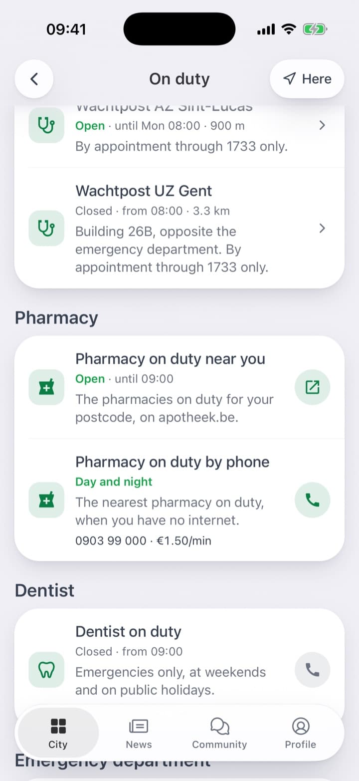 The pharmacy and the dentist on duty, with what a call costs. A hospital's page: when it is open, the phone number, the address and the map.