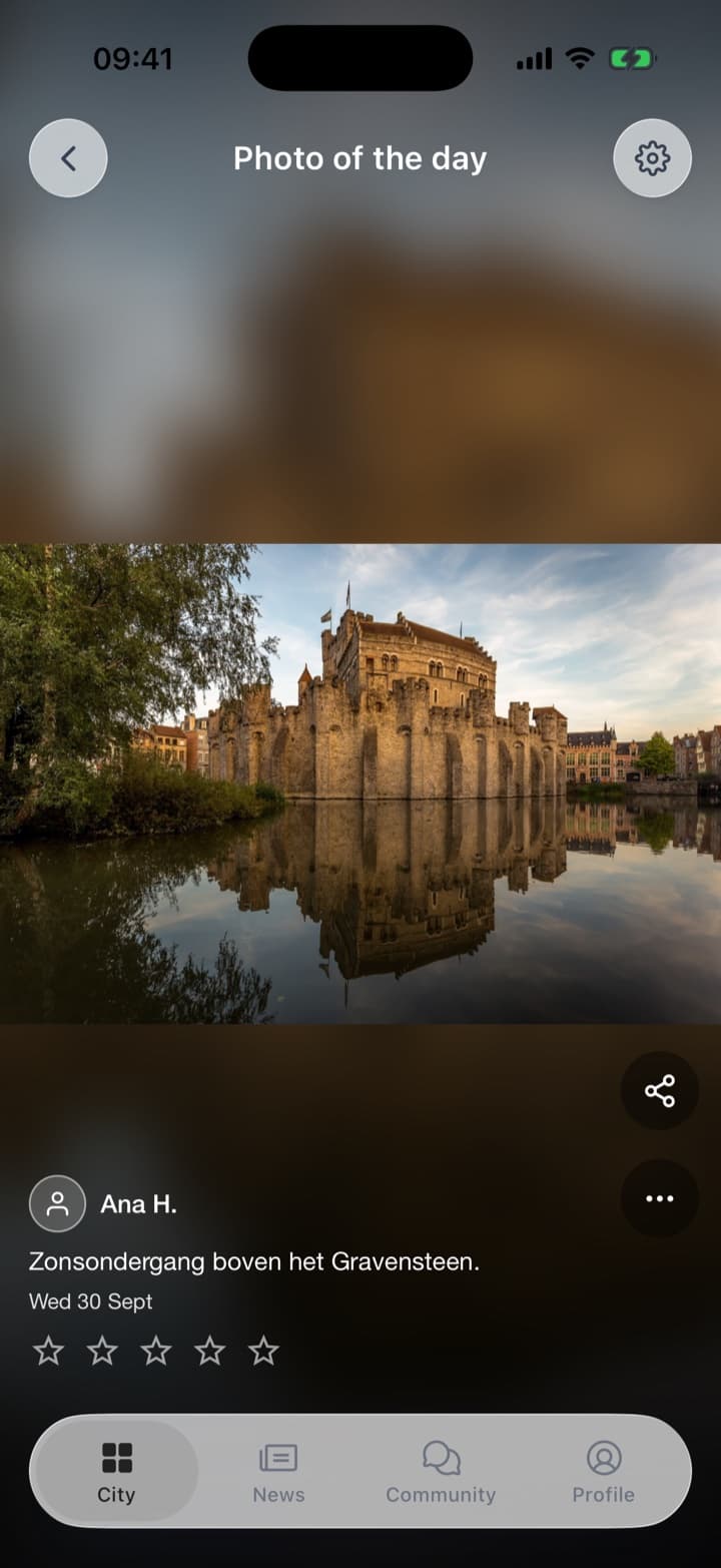 On the home screen, the week's best photo, by Ana H., ★ 5.0. The photos open full screen: a morning by the river, ★ 3.0 · 1 review. Two photos further, old stone walls at sunset, not yet rated.