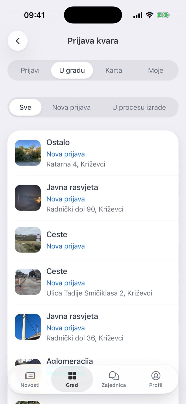Svaka prijava s fotografijom i stanjem, kao popis i na karti.