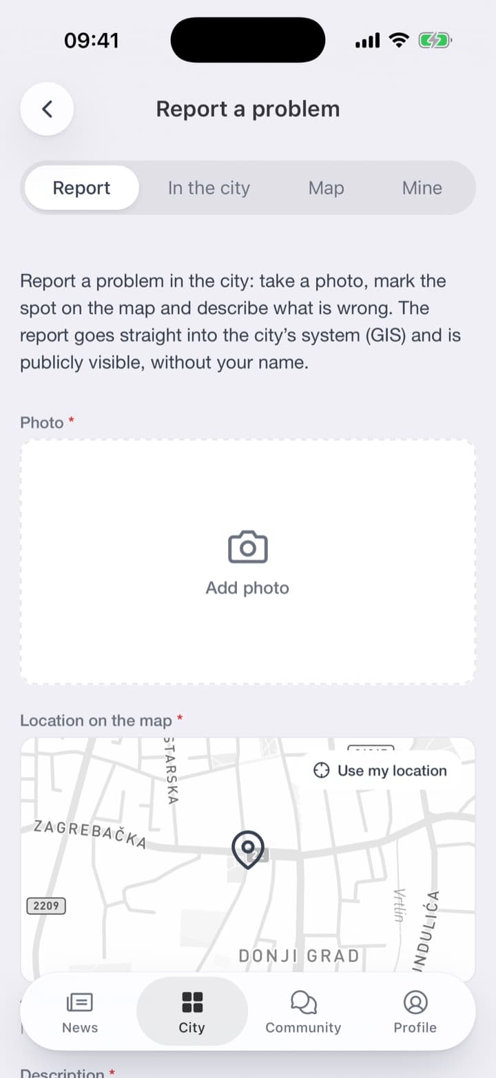 From the home screen to a sent report: a photo, the place on the map, a sentence about what is wrong.