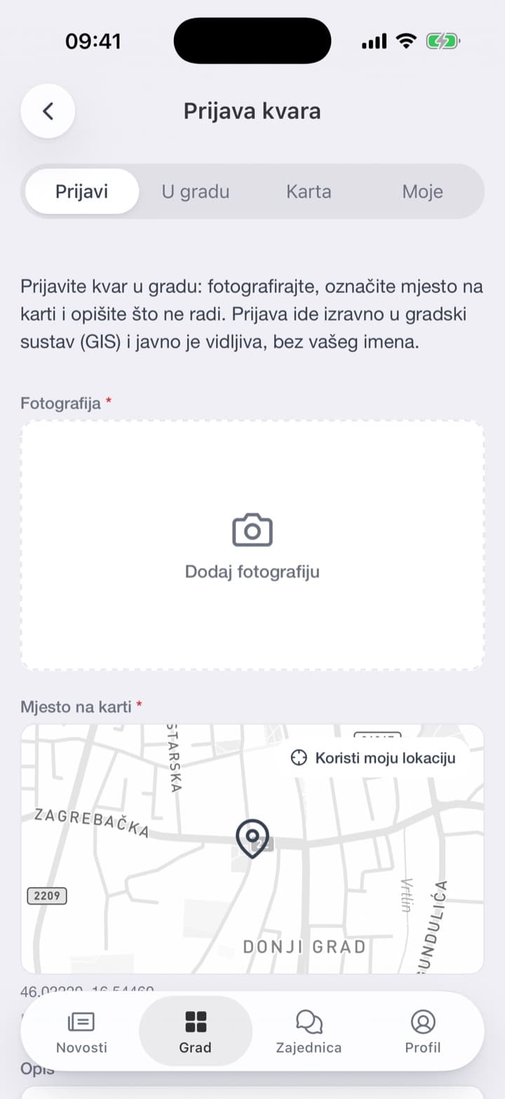 Od početnog zaslona do poslane prijave: fotografija, mjesto na karti i rečenica o tome što ne valja.
