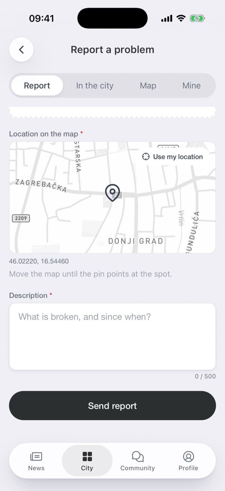 From the home screen to a sent report: a photo, the place on the map, a sentence about what is wrong.