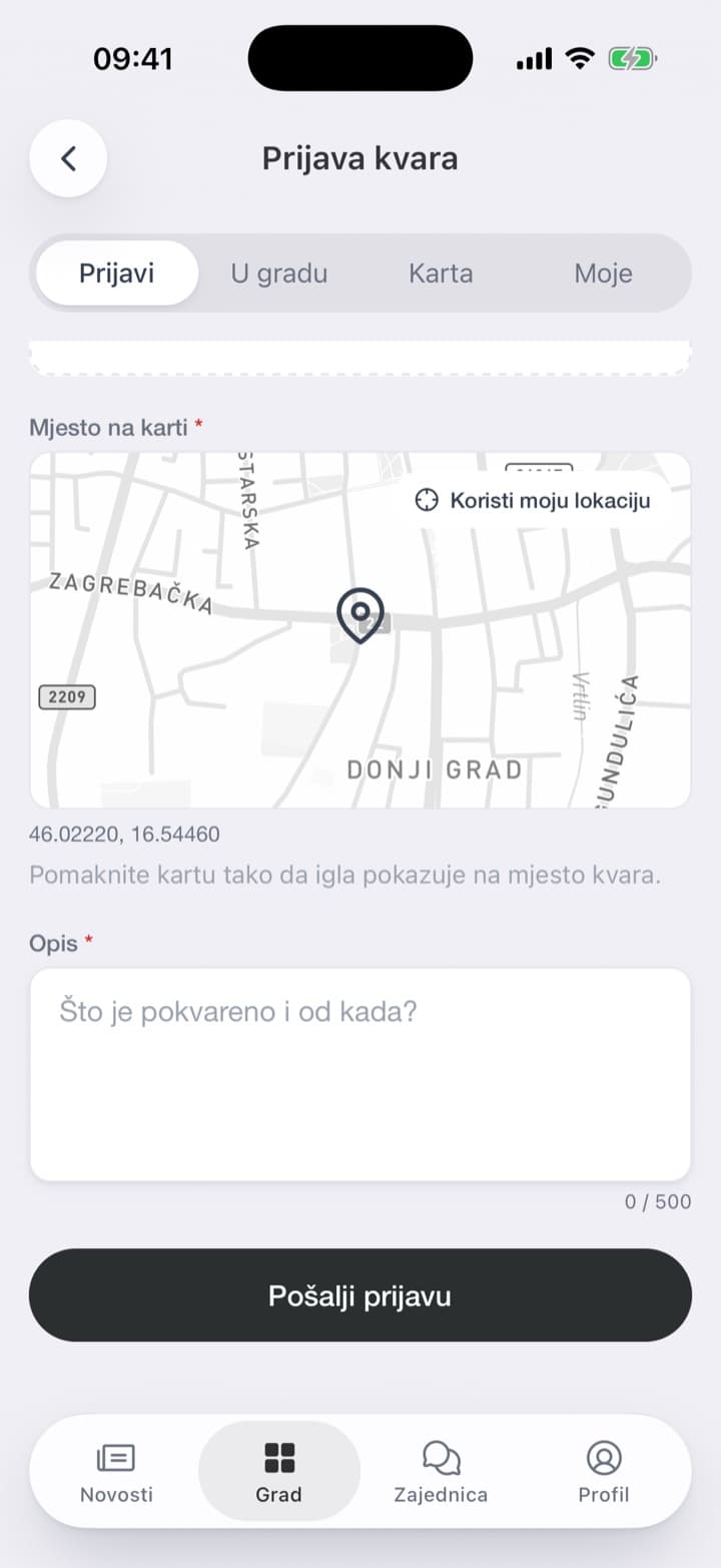 Od početnog zaslona do poslane prijave: fotografija, mjesto na karti i rečenica o tome što ne valja.