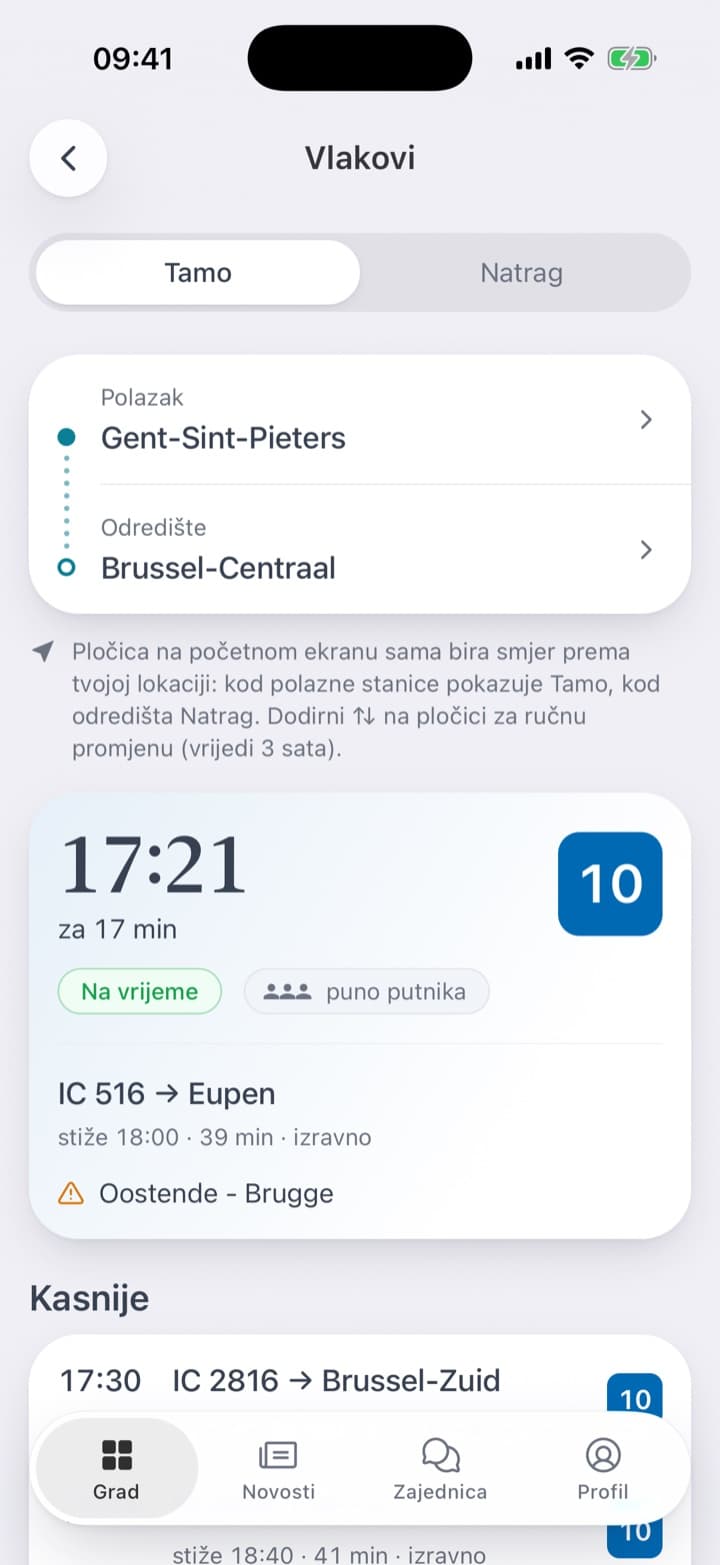 Stranica za njezinu liniju: vlak u 17:21 s perona 10, Na vrijeme, puno putnika, stiže u 18:00, izravno. Jedan vlak u detalju: peron dolaska 3 i usputna stanica s vremenom dolaska. Pločica s postavljenom linijom: 17:21, za 16 min, Kasnije 17:30 · 17:59.