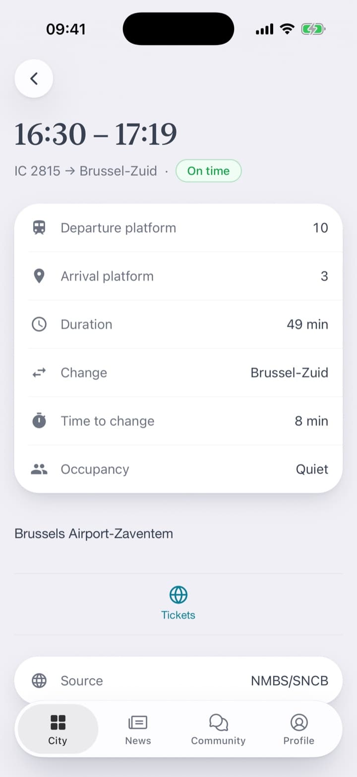 The page for her line: the 16:30 from platform 10, On time, quiet, arriving 17:19 with one change. One train in detail: arrival platform 3 and 8 minutes to change. The tile with the line set.
