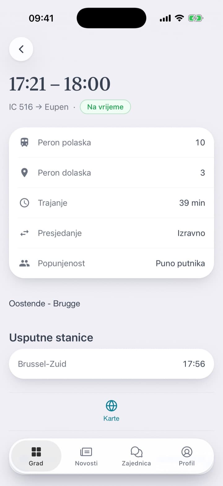 Stranica za njezinu liniju: vlak u 17:21 s perona 10, Na vrijeme, puno putnika, stiže u 18:00, izravno. Jedan vlak u detalju: peron dolaska 3 i usputna stanica s vremenom dolaska. Pločica s postavljenom linijom: 17:21, za 16 min, Kasnije 17:30 · 17:59.