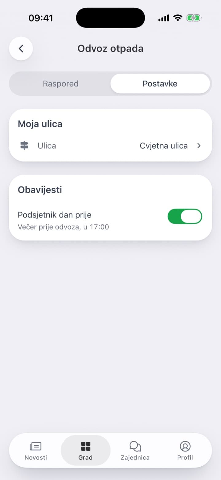 Raspored za odabranu ulicu, po mjesecima. U postavkama ulica i podsjetnik večer prije.