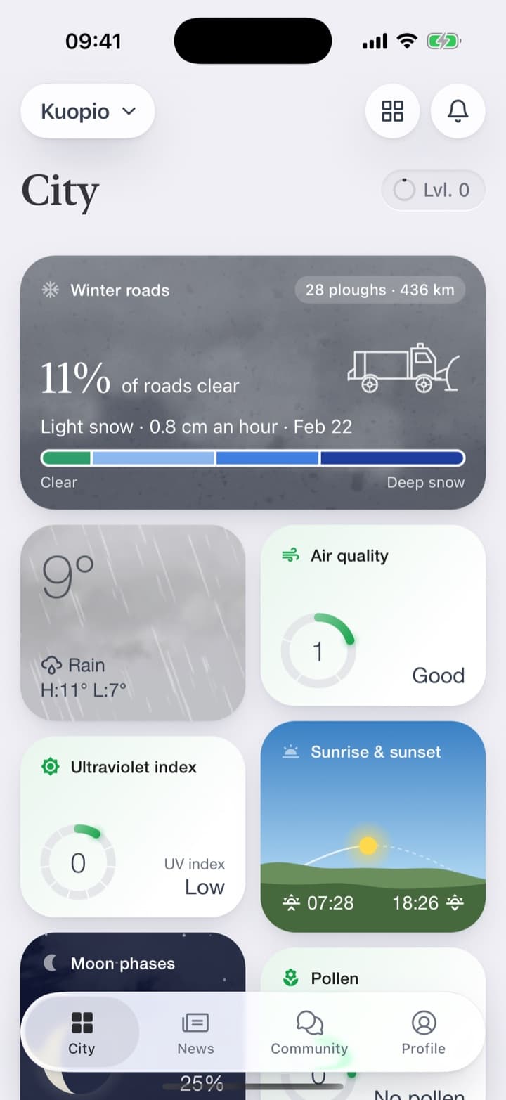 The tile on the home screen, the map of the city with its roads and ploughs, and the page that says how hard it is snowing and how much has been cleared.