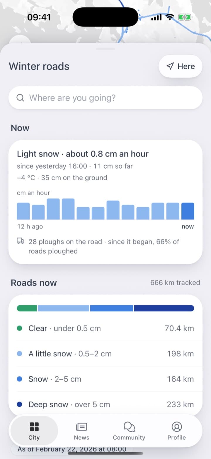 The tile on the home screen, the map of the city with its roads and ploughs, and the page that says how hard it is snowing and how much has been cleared.