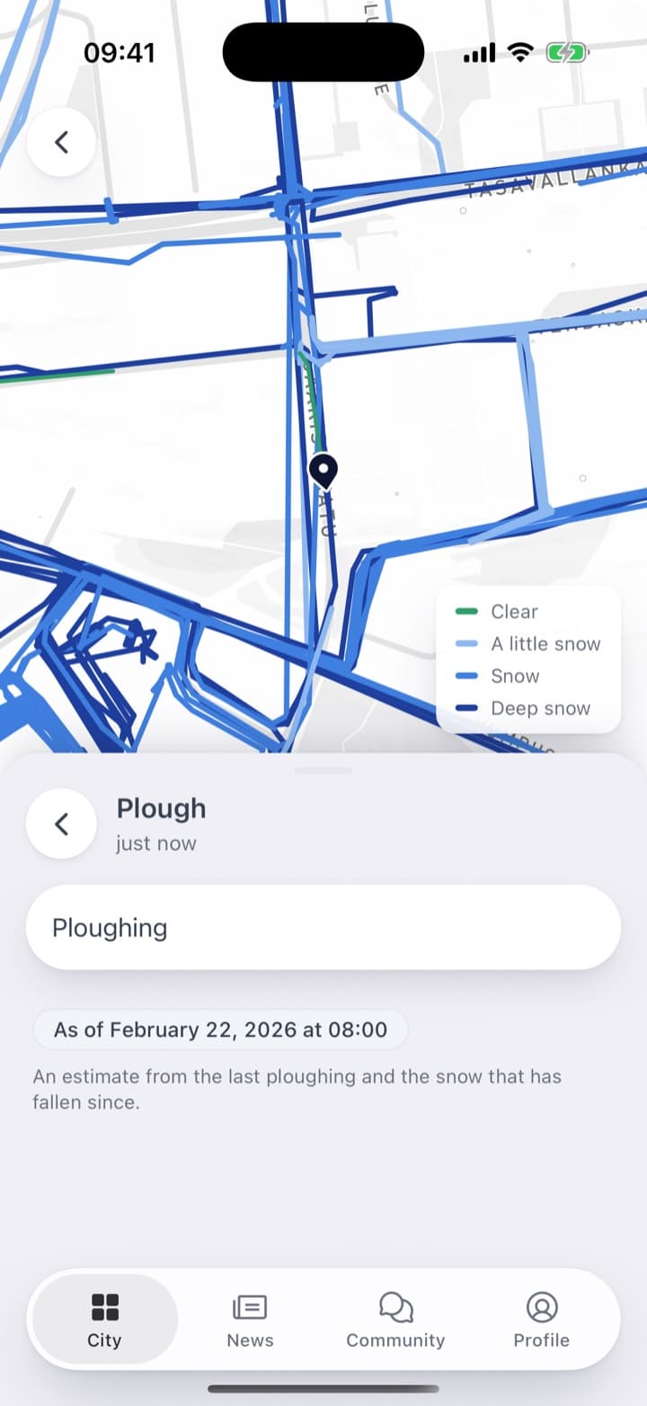 A plough at work on the map, and a route with its condition along the way and the worst stretch named.